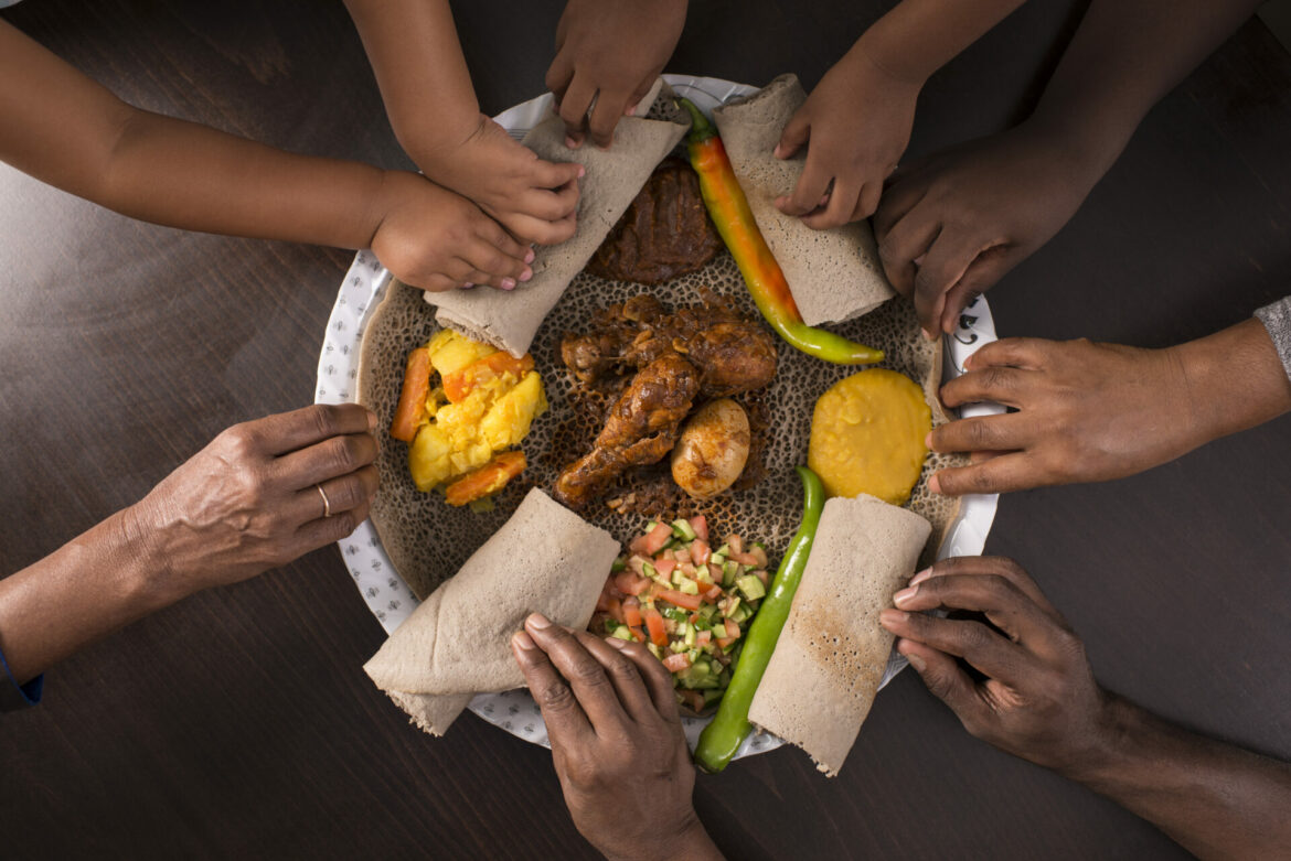 Traditional Ethiopian food is eaten with the hands.