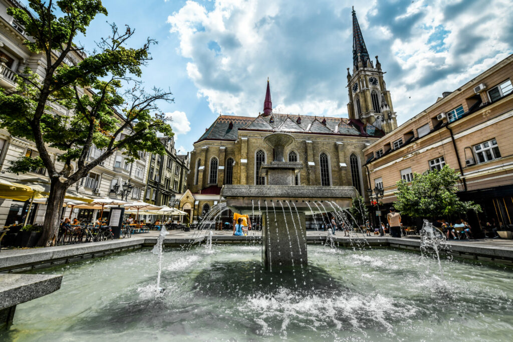 Beautiful Fountain Near Name Of Mary Catholic Church In Center Of Novi Sad, Serbia